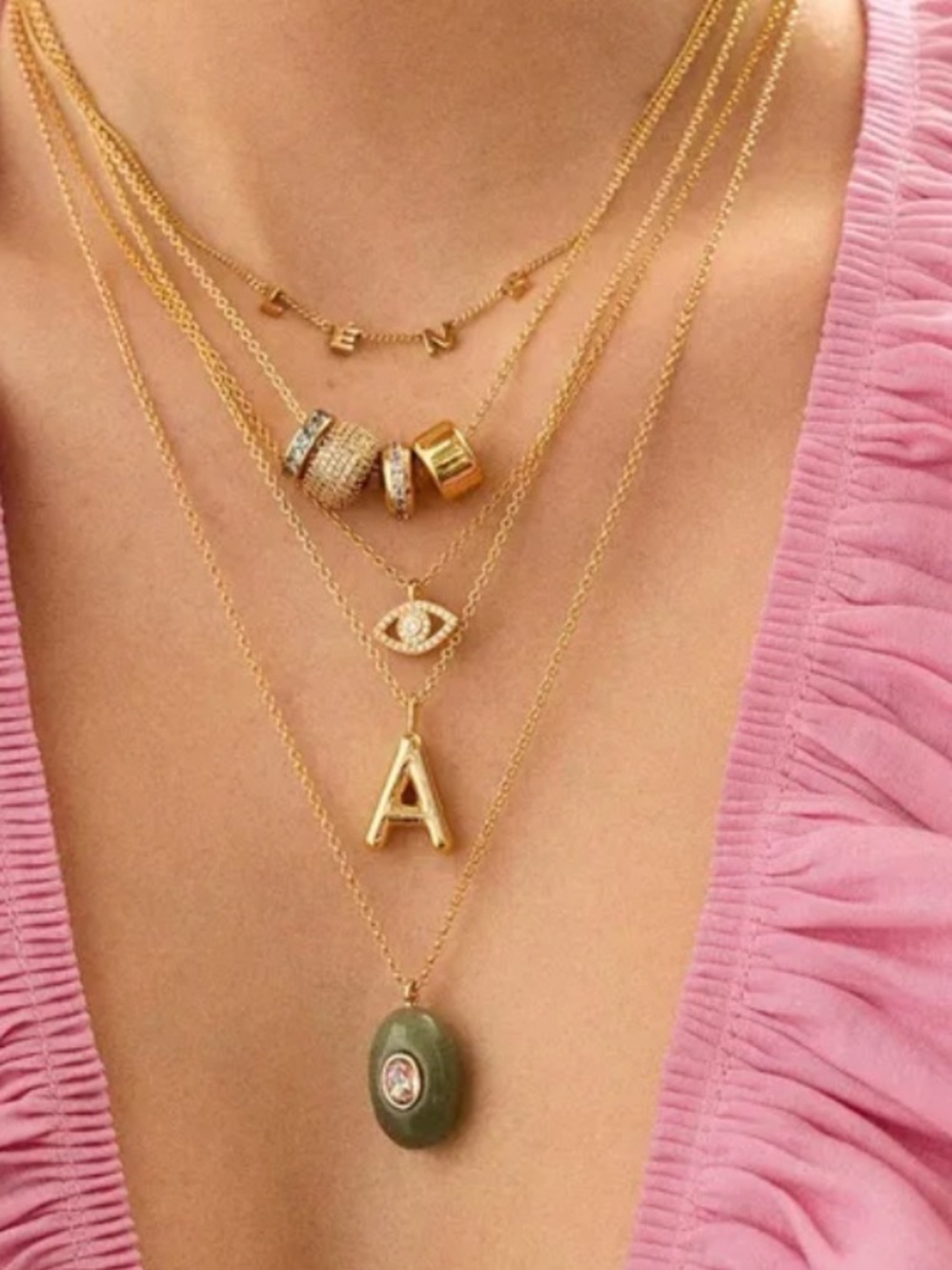 Anthropologie Gold Layered Charm Necklace Set with Green Oval Pendant